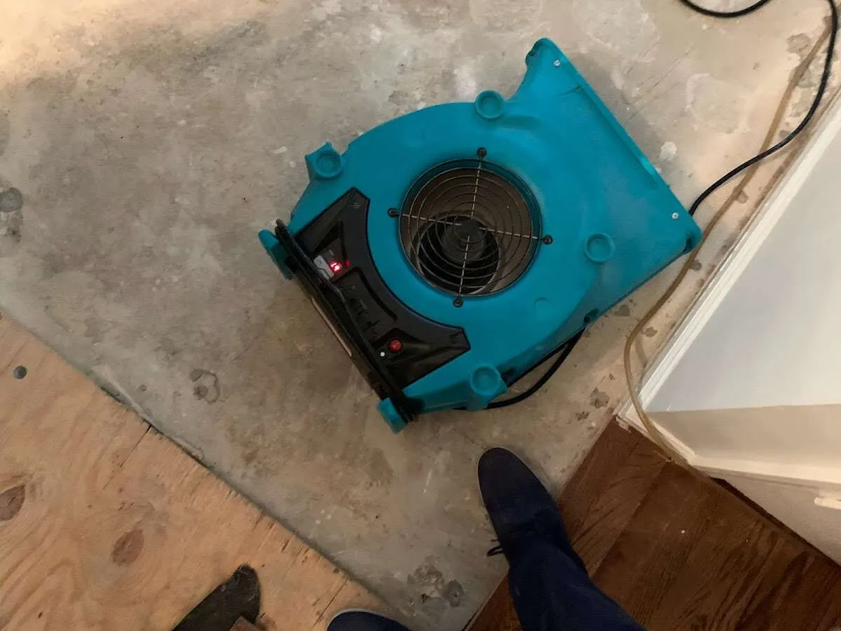 Air mover drying subfloor during Leak Detection & Repair in Olive Branch